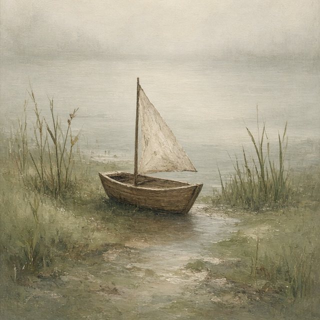 A child's toy boat with a paper sail, beached at the misty water's edge.