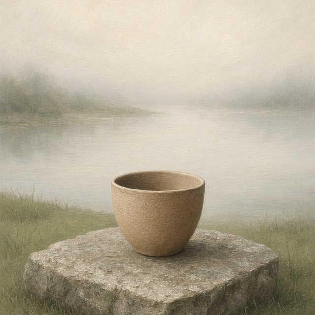 A plain empty earthenware cup on a flat stone at the water's edge.