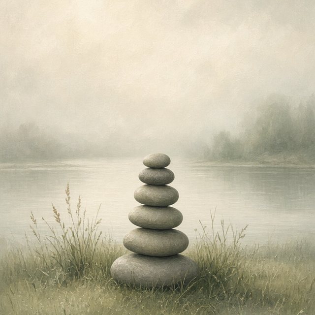 A small cairn of balanced river stones on the grassy bank.