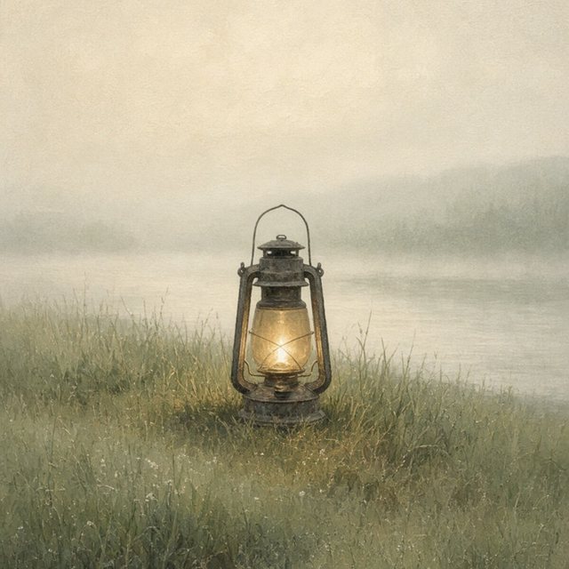 An old lantern with a warm low glow, set down in the dewy grass at first light.