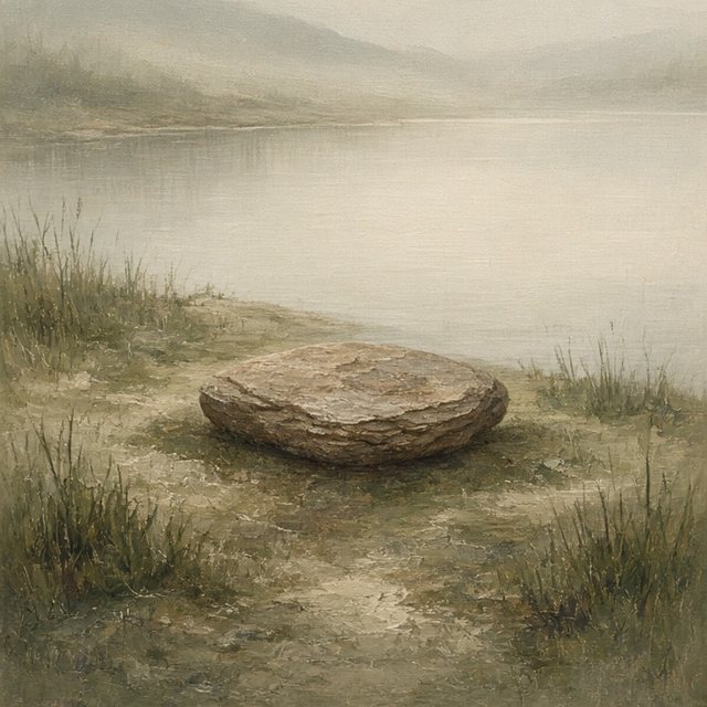 A single flat stone on the still far bank, the water mirror-calm beyond.